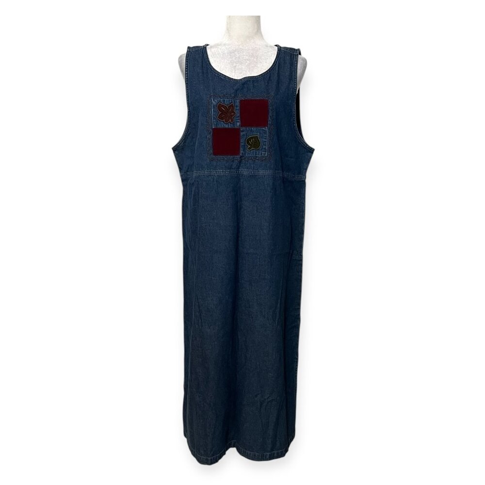Erika & Co Denim Jumper Dress XL Women Blue Jean Embroidered Patchwork Sleeveles